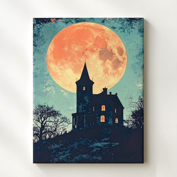 Minimalist Haunted Mansion Canvas – Burnt-Orange Moon & Teal Sky Halloween Art - Gifitto