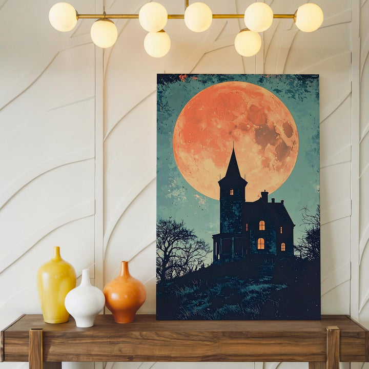 Minimalist Haunted Mansion Canvas – Burnt-Orange Moon & Teal Sky Halloween Art - Gifitto