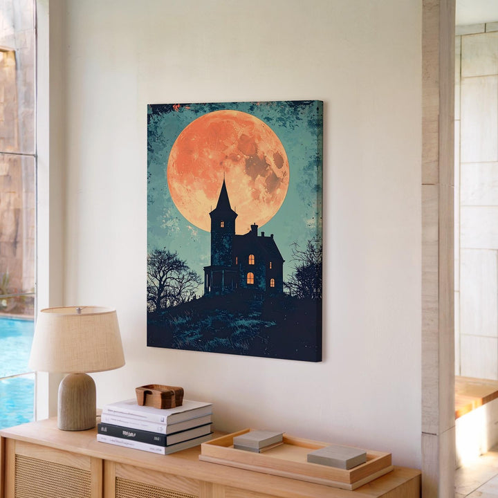 Minimalist Haunted Mansion Canvas – Burnt-Orange Moon & Teal Sky Halloween Art - Gifitto
