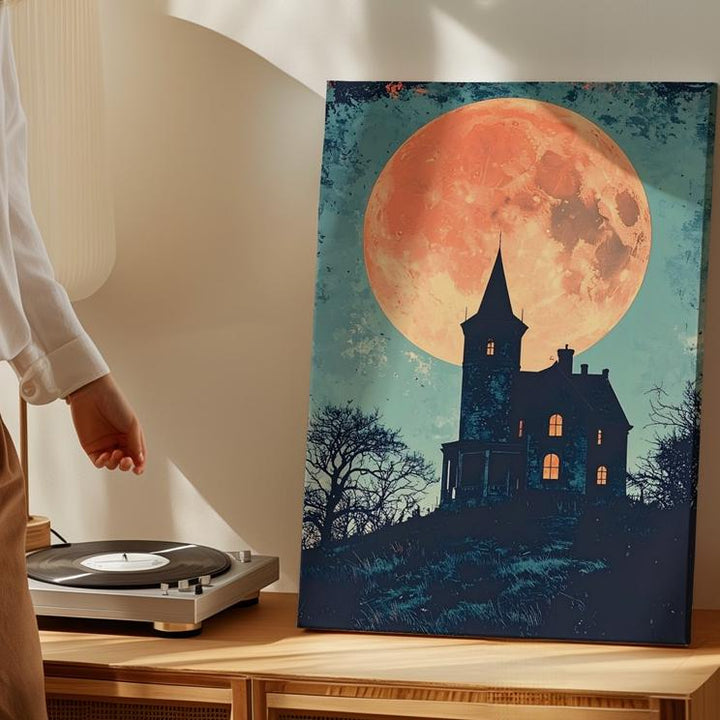 Minimalist Haunted Mansion Canvas – Burnt-Orange Moon & Teal Sky Halloween Art - Gifitto