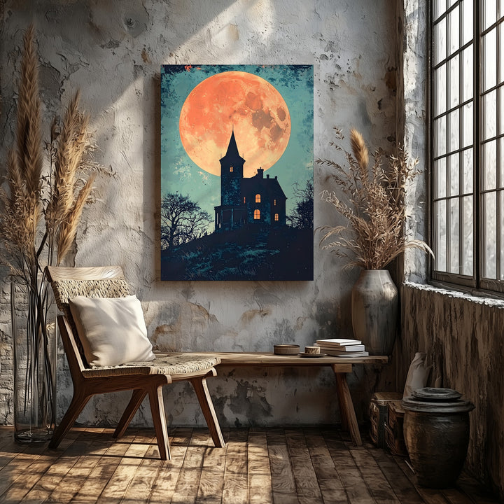 Minimalist Haunted Mansion Canvas – Burnt-Orange Moon & Teal Sky Halloween Art - Gifitto