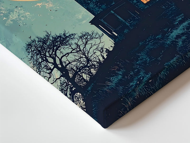 Minimalist Haunted Mansion Canvas – Burnt-Orange Moon & Teal Sky Halloween Art - Gifitto