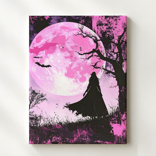 Moonlit Witch Walk Canvas – Surreal Pink Halloween Dreamscape Art - Gifitto