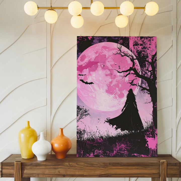 Moonlit Witch Walk Canvas – Surreal Pink Halloween Dreamscape Art - Gifitto