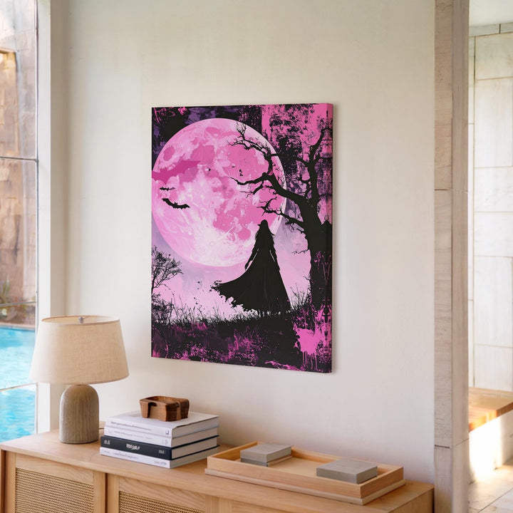 Moonlit Witch Walk Canvas – Surreal Pink Halloween Dreamscape Art - Gifitto