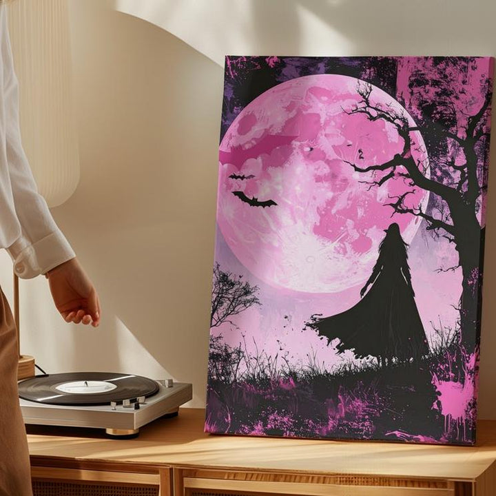 Moonlit Witch Walk Canvas – Surreal Pink Halloween Dreamscape Art - Gifitto