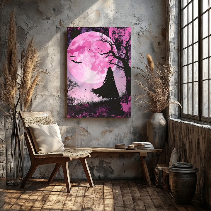 Moonlit Witch Walk Canvas – Surreal Pink Halloween Dreamscape Art - Gifitto