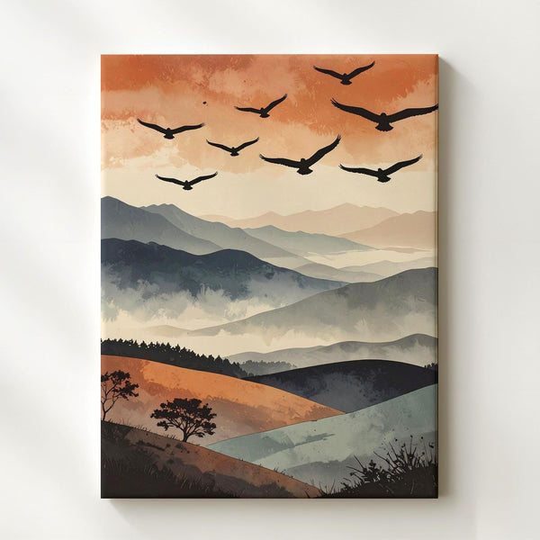 Soaring Birds Canvas Wall Art – Minimalist Abstract Hills & Divine Motion - Gifitto