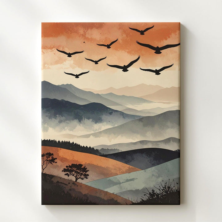 Soaring Birds Canvas Wall Art – Minimalist Abstract Hills & Divine Motion - Gifitto