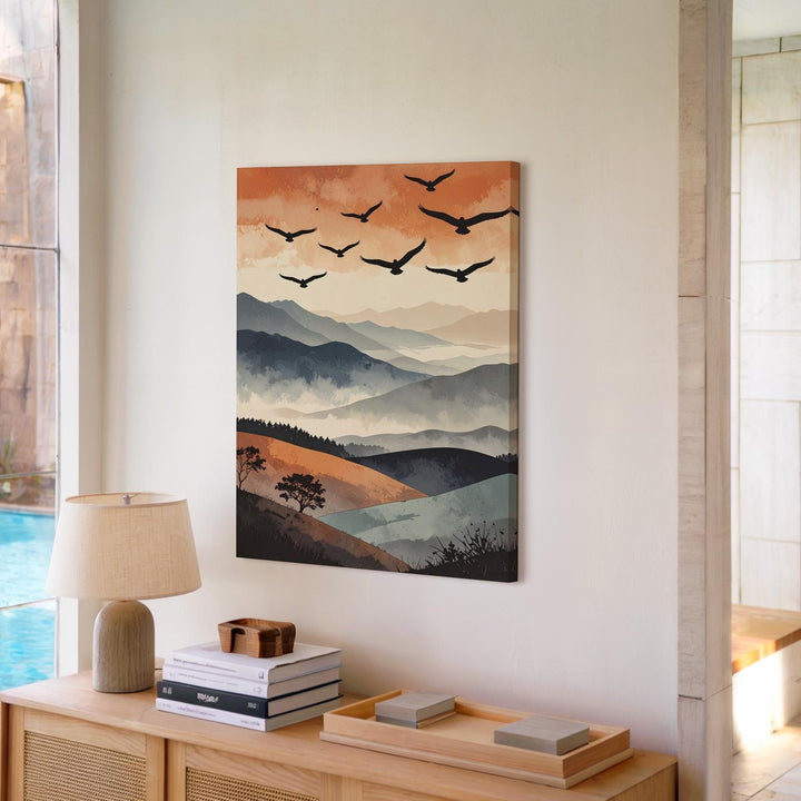 Soaring Birds Canvas Wall Art – Minimalist Abstract Hills & Divine Motion - Gifitto