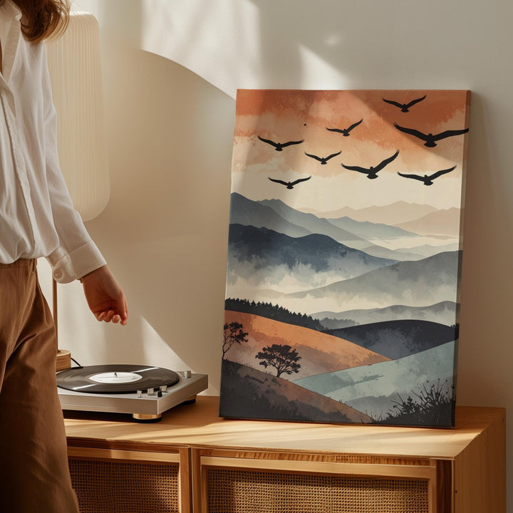 Soaring Birds Canvas Wall Art – Minimalist Abstract Hills & Divine Motion - Gifitto