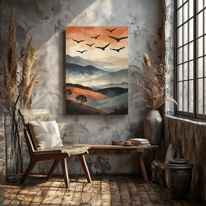 Soaring Birds Canvas Wall Art – Minimalist Abstract Hills & Divine Motion - Gifitto