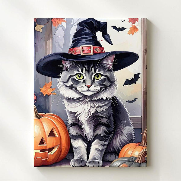 Charming Halloween Kitten Canvas – Tall Pink Witch Hat & Pumpkin Portrait - Gifitto