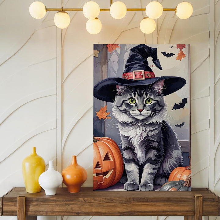 Charming Halloween Kitten Canvas – Tall Pink Witch Hat & Pumpkin Portrait - Gifitto