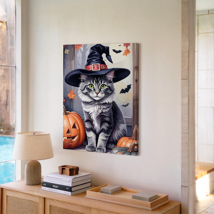 Charming Halloween Kitten Canvas – Tall Pink Witch Hat & Pumpkin Portrait - Gifitto