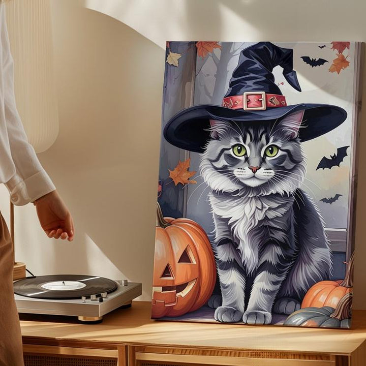Charming Halloween Kitten Canvas – Tall Pink Witch Hat & Pumpkin Portrait - Gifitto