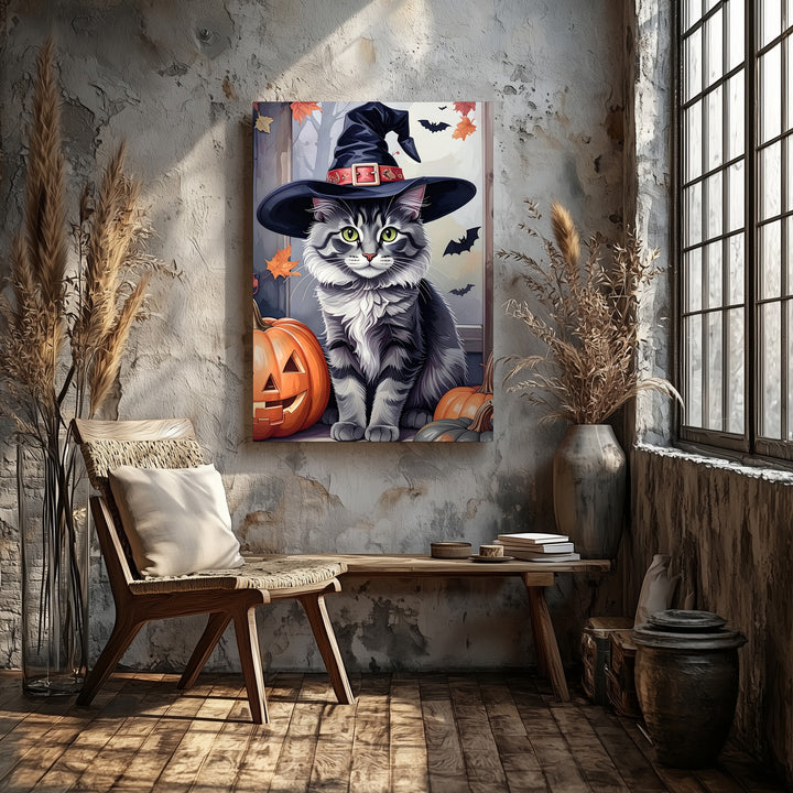 Charming Halloween Kitten Canvas – Tall Pink Witch Hat & Pumpkin Portrait - Gifitto