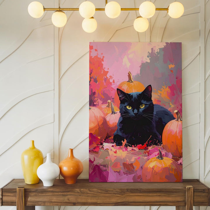 Pastel Pumpkin Black Cat Canvas – Soft Autumn Dream Halloween Art - Gifitto