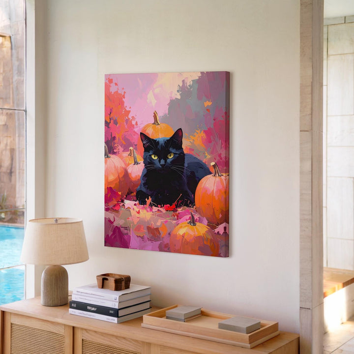 Pastel Pumpkin Black Cat Canvas – Soft Autumn Dream Halloween Art - Gifitto