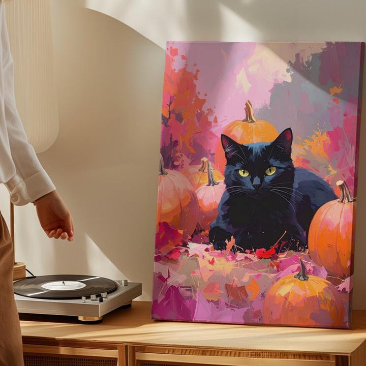 Pastel Pumpkin Black Cat Canvas – Soft Autumn Dream Halloween Art - Gifitto