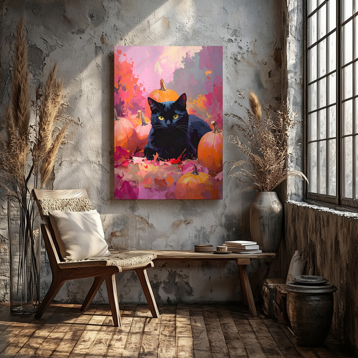 Pastel Pumpkin Black Cat Canvas – Soft Autumn Dream Halloween Art - Gifitto