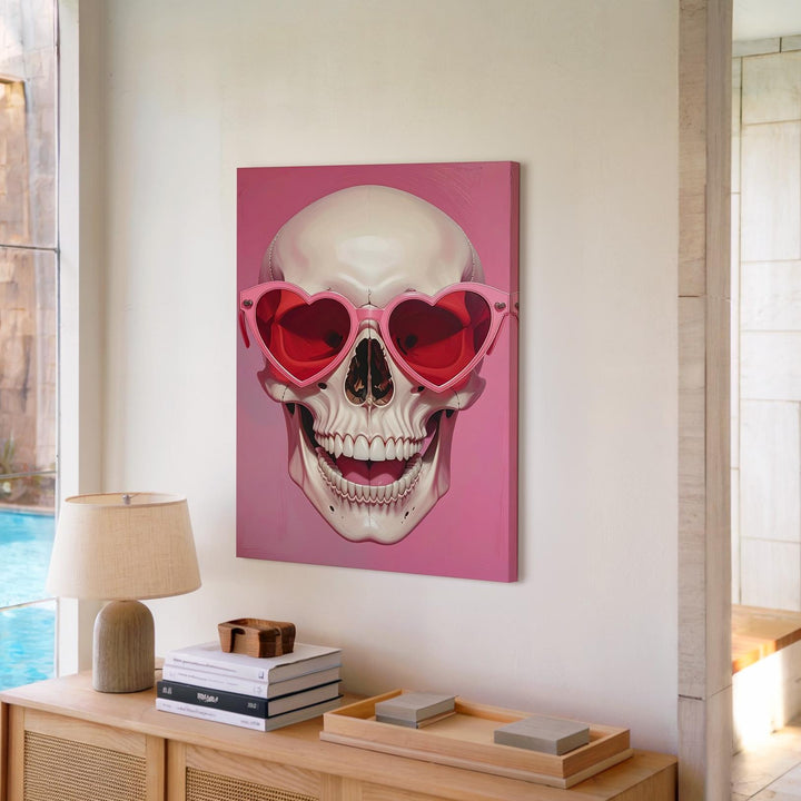 Playful Skull Canvas – Oversized Heart Sunglasses Pop-Gothic Art - Gifitto