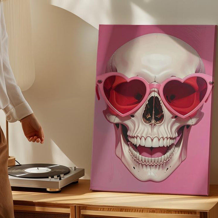 Playful Skull Canvas – Oversized Heart Sunglasses Pop-Gothic Art - Gifitto