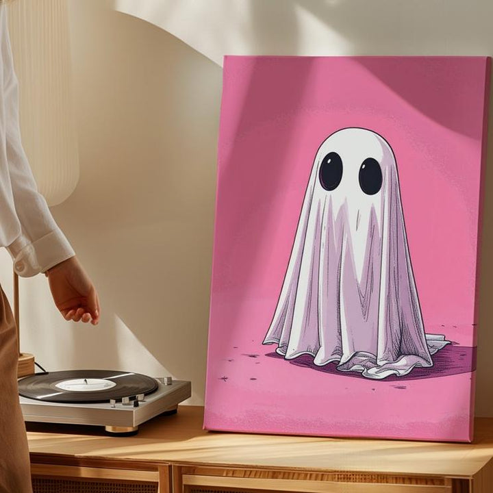 Minimalist Pink Ghost Canvas – Cute Modern Halloween Wall Art - Gifitto