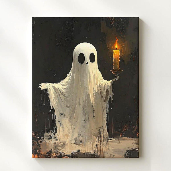 Candle-Holding Ghost Canvas – Minimalist Halloween Spirit in Darkness - Gifitto