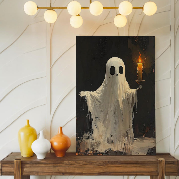 Candle-Holding Ghost Canvas – Minimalist Halloween Spirit in Darkness - Gifitto