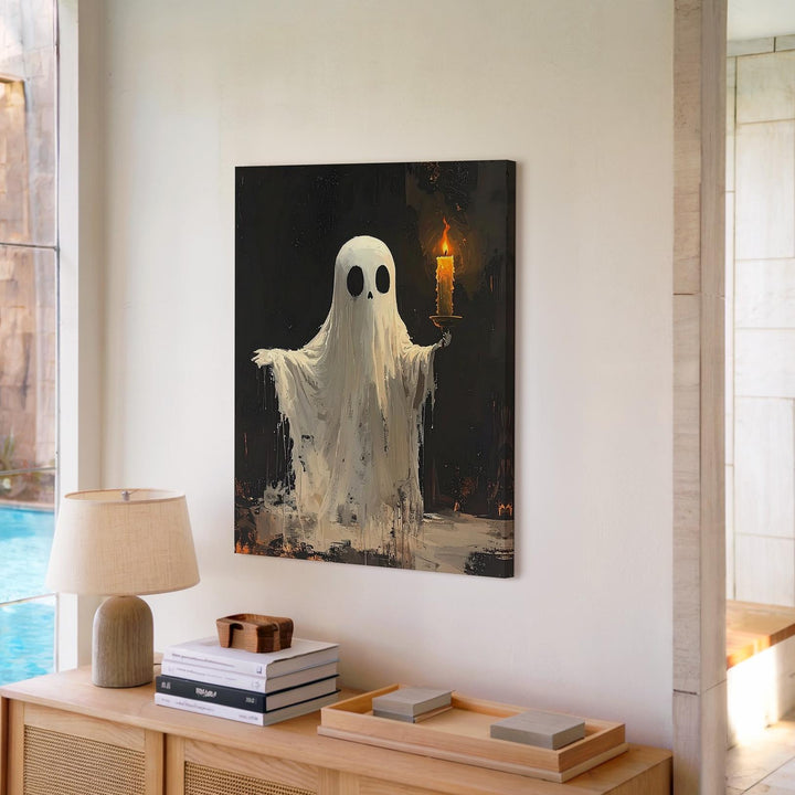 Candle-Holding Ghost Canvas – Minimalist Halloween Spirit in Darkness - Gifitto
