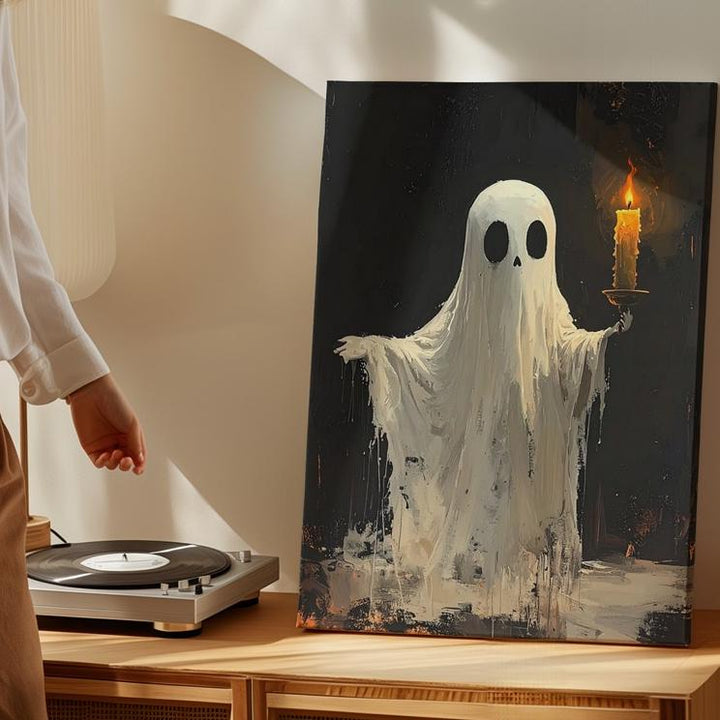 Candle-Holding Ghost Canvas – Minimalist Halloween Spirit in Darkness - Gifitto