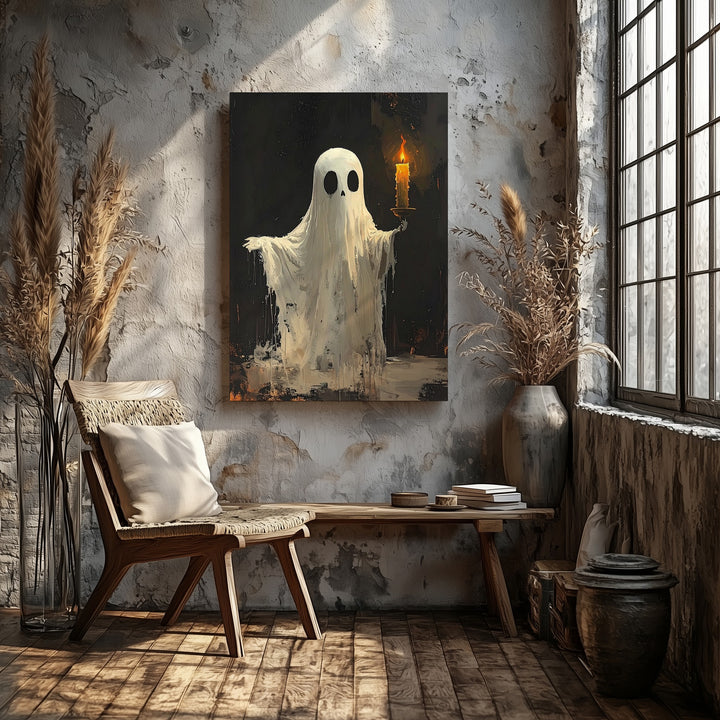 Candle-Holding Ghost Canvas – Minimalist Halloween Spirit in Darkness - Gifitto