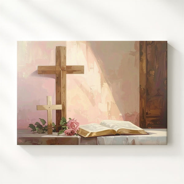 Soft Pink Faith Corner Canvas – Wooden Cross & Bible Minimalist Wall Art - Gifitto