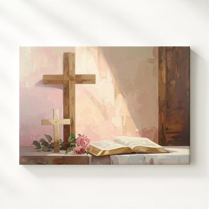 Soft Pink Faith Corner Canvas – Wooden Cross & Bible Minimalist Wall Art - Gifitto
