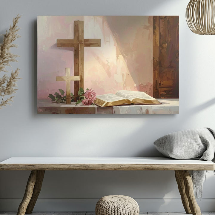 Soft Pink Faith Corner Canvas – Wooden Cross & Bible Minimalist Wall Art - Gifitto