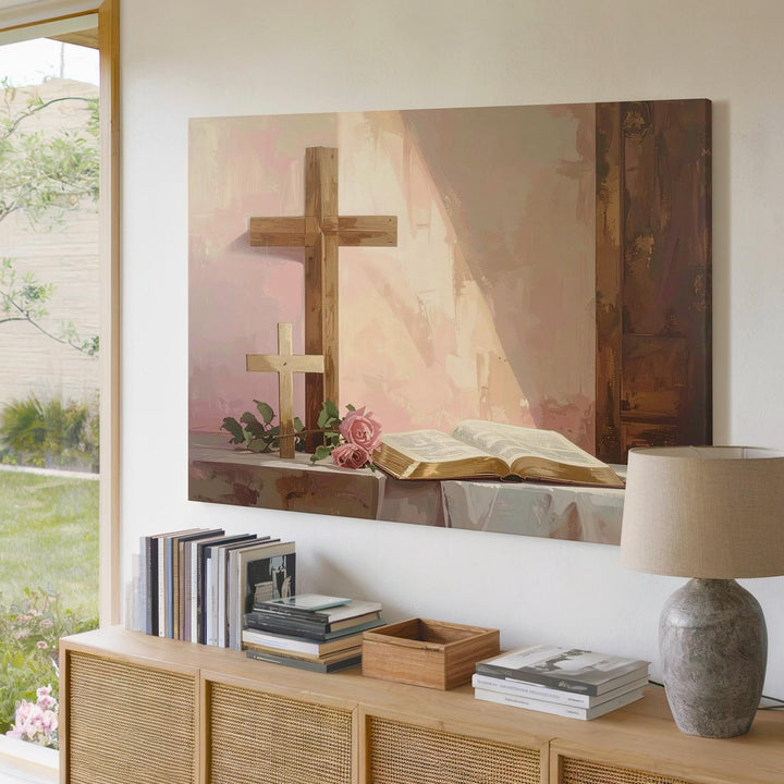 Soft Pink Faith Corner Canvas – Wooden Cross & Bible Minimalist Wall Art - Gifitto