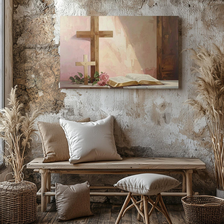 Soft Pink Faith Corner Canvas – Wooden Cross & Bible Minimalist Wall Art - Gifitto