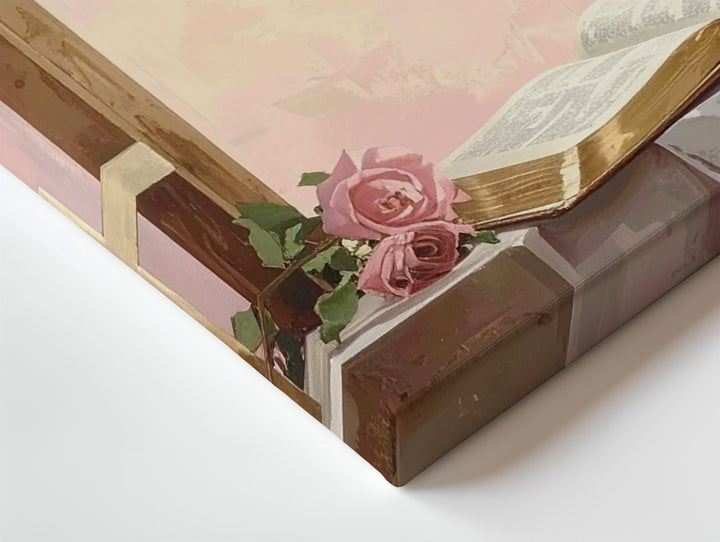 Soft Pink Faith Corner Canvas – Wooden Cross & Bible Minimalist Wall Art - Gifitto
