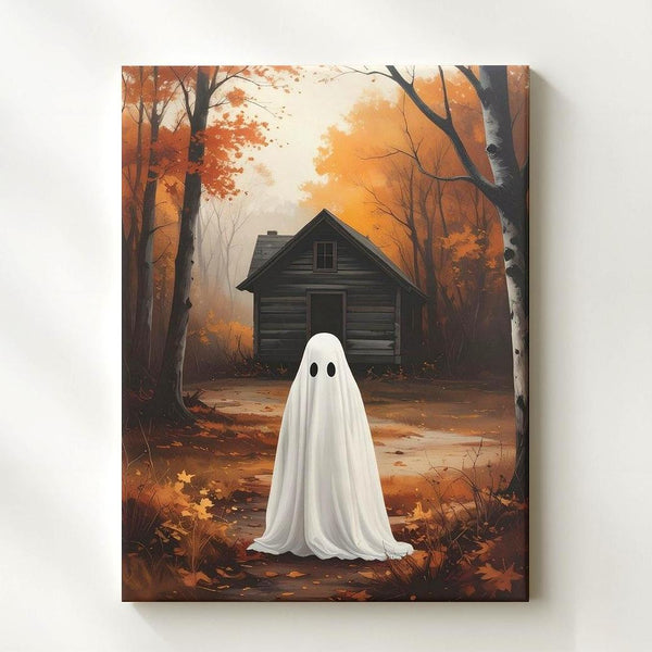 Ghost & Cabin in the Woods Canvas – Quiet Introspective Halloween Art - Gifitto