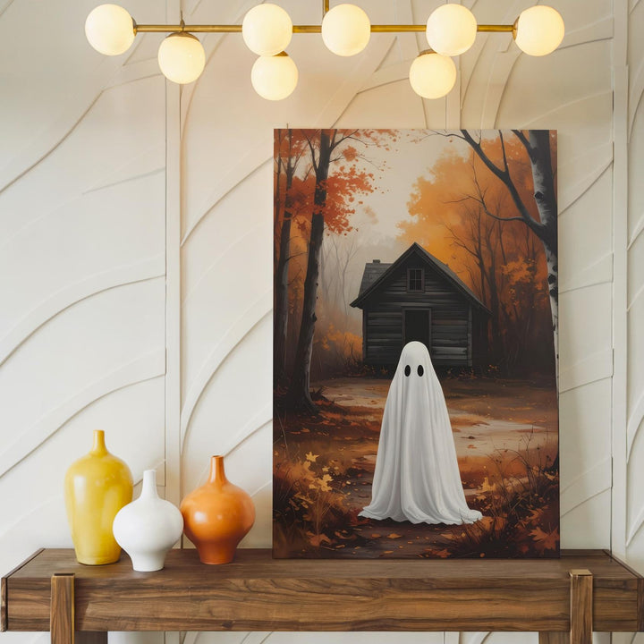 Ghost & Cabin in the Woods Canvas – Quiet Introspective Halloween Art - Gifitto