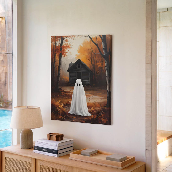 Ghost & Cabin in the Woods Canvas – Quiet Introspective Halloween Art - Gifitto