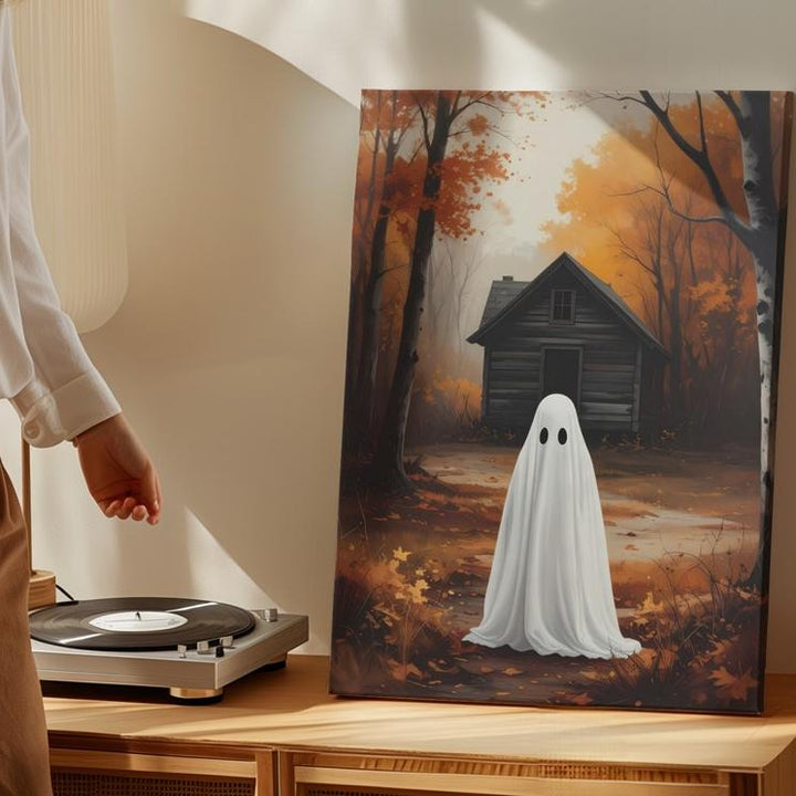 Ghost & Cabin in the Woods Canvas – Quiet Introspective Halloween Art - Gifitto