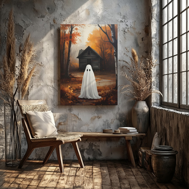 Ghost & Cabin in the Woods Canvas – Quiet Introspective Halloween Art - Gifitto