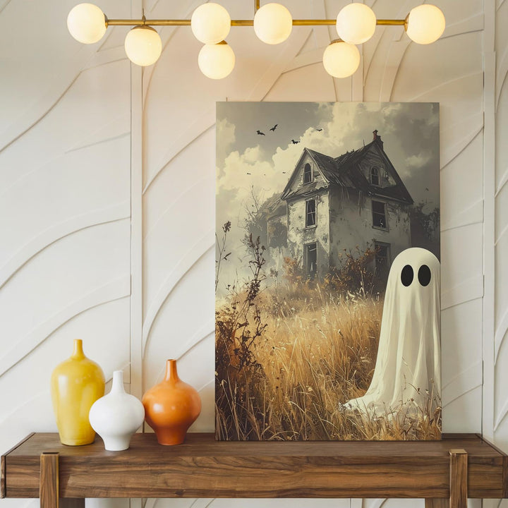 Rustic Field Ghost Canvas – Sepia Halloween Scene with Abandoned House - Gifitto