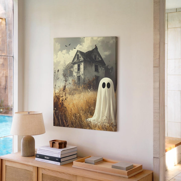 Rustic Field Ghost Canvas – Sepia Halloween Scene with Abandoned House - Gifitto