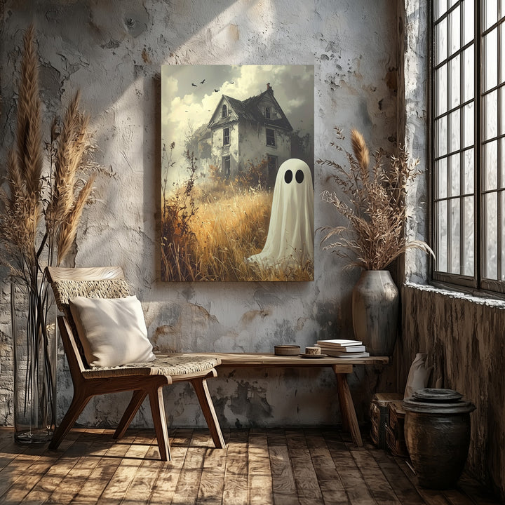 Rustic Field Ghost Canvas – Sepia Halloween Scene with Abandoned House - Gifitto