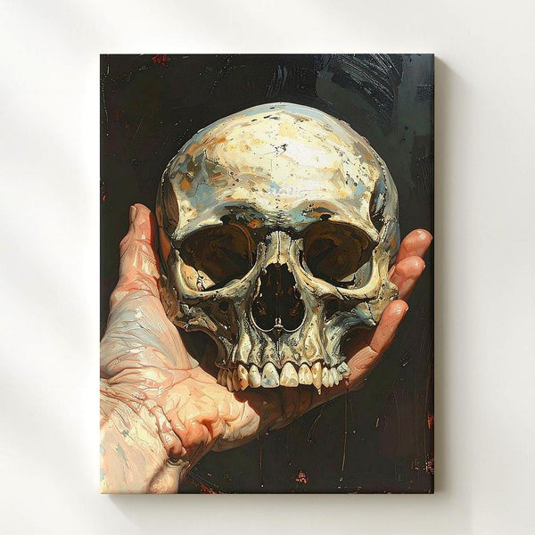 Skull in Hand Canvas – Dramatic Mortality & Shakespearean Symbolism Wall Art - Gifitto