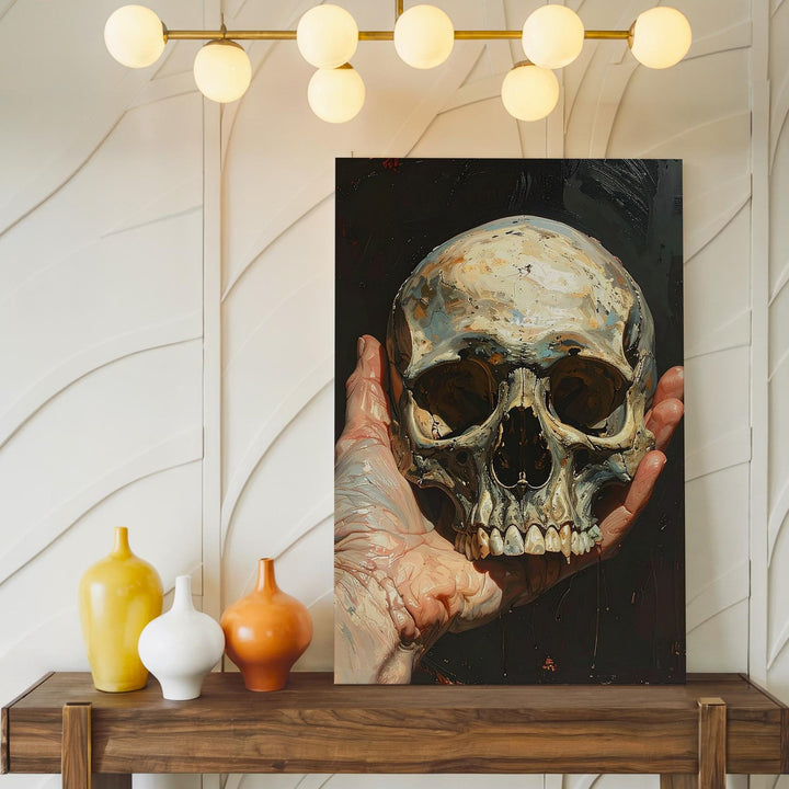 Skull in Hand Canvas – Dramatic Mortality & Shakespearean Symbolism Wall Art - Gifitto