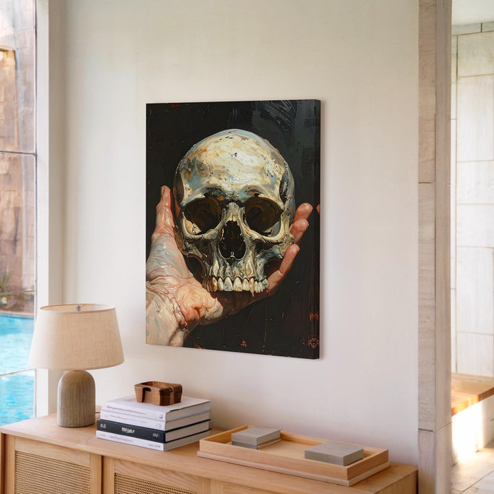 Skull in Hand Canvas – Dramatic Mortality & Shakespearean Symbolism Wall Art - Gifitto